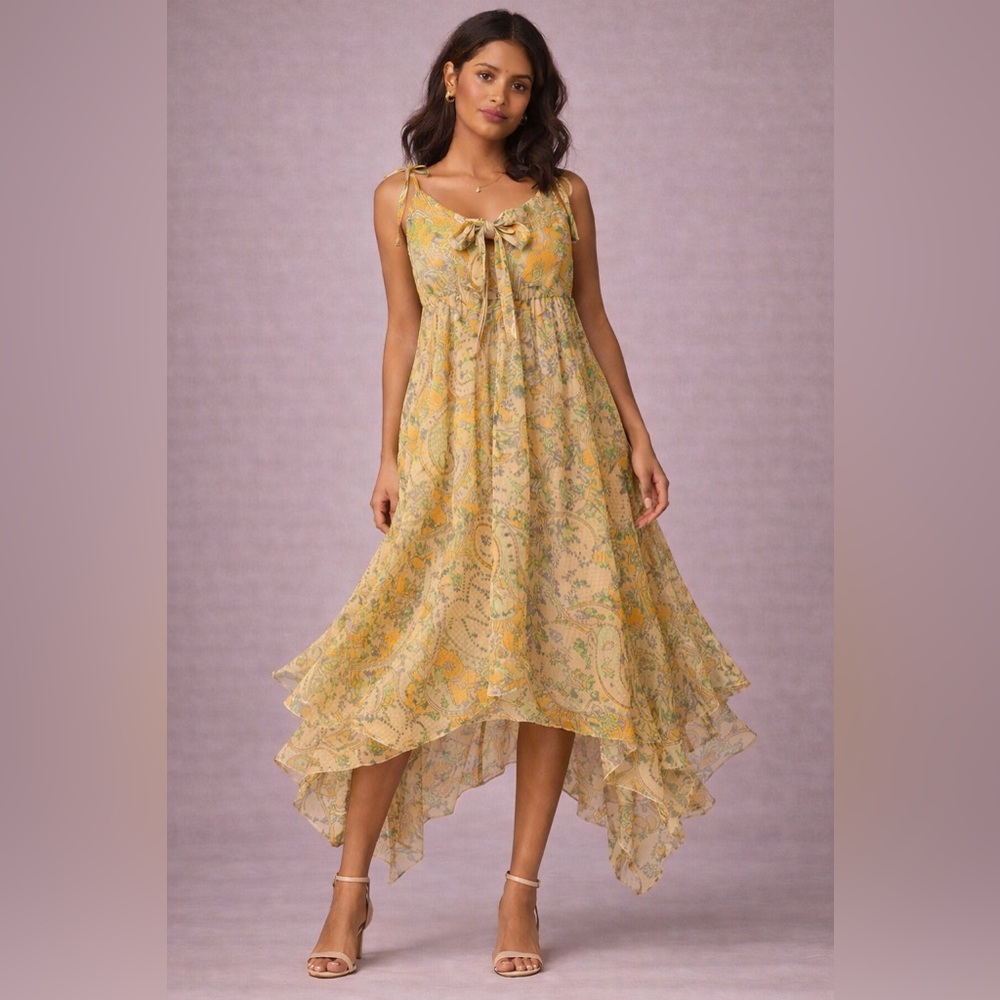 Elegant High-Low Floral Dress in Yellow and Green